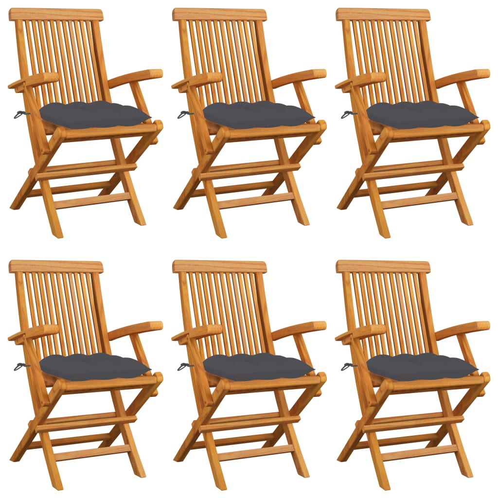 Set de 6 scaune de exterior, cu brate si perne sezut, vidaXL, Lemn de tec/Poliester, 55 x 60 x 89 cm, Maro/Gri antracit