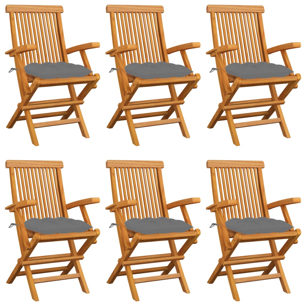 Set de 6 scaune de exterior, cu brate si perne sezut, vidaXL, Lemn de tec/Poliester, 55 x 60 x 89 cm, Maro/Gri