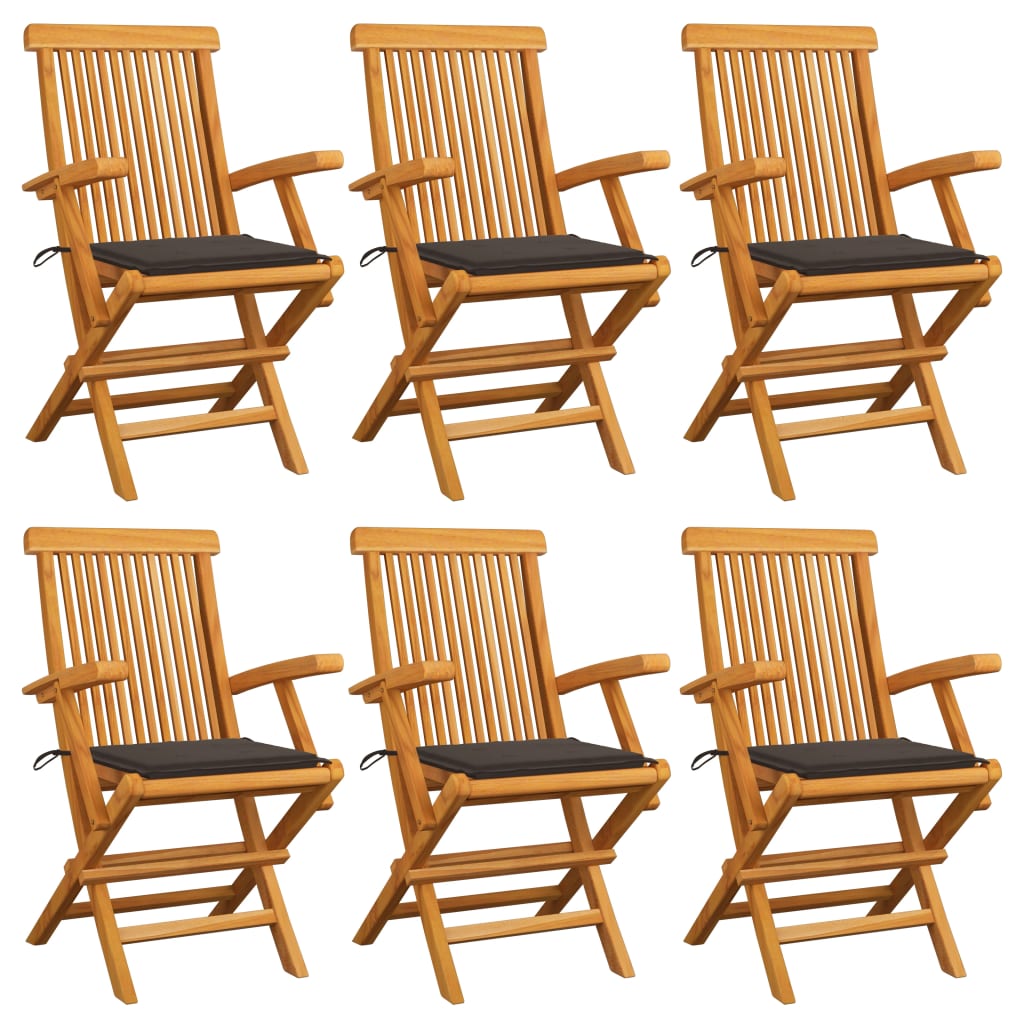 Set de 6 scaune de exterior, cu brate si perne sezut, vidaXL, Lemn de tec/Poliester, 55 x 60 x 89 cm, 4 cm, Maro/Gri taupe