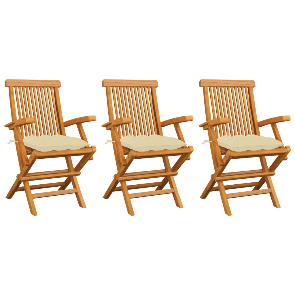 Set de 3 scaune de exterior, cu brate si perne sezut, vidaXL, Lemn de tec/Poliester, 55 x 60 x 89 cm, Maro/Crem
