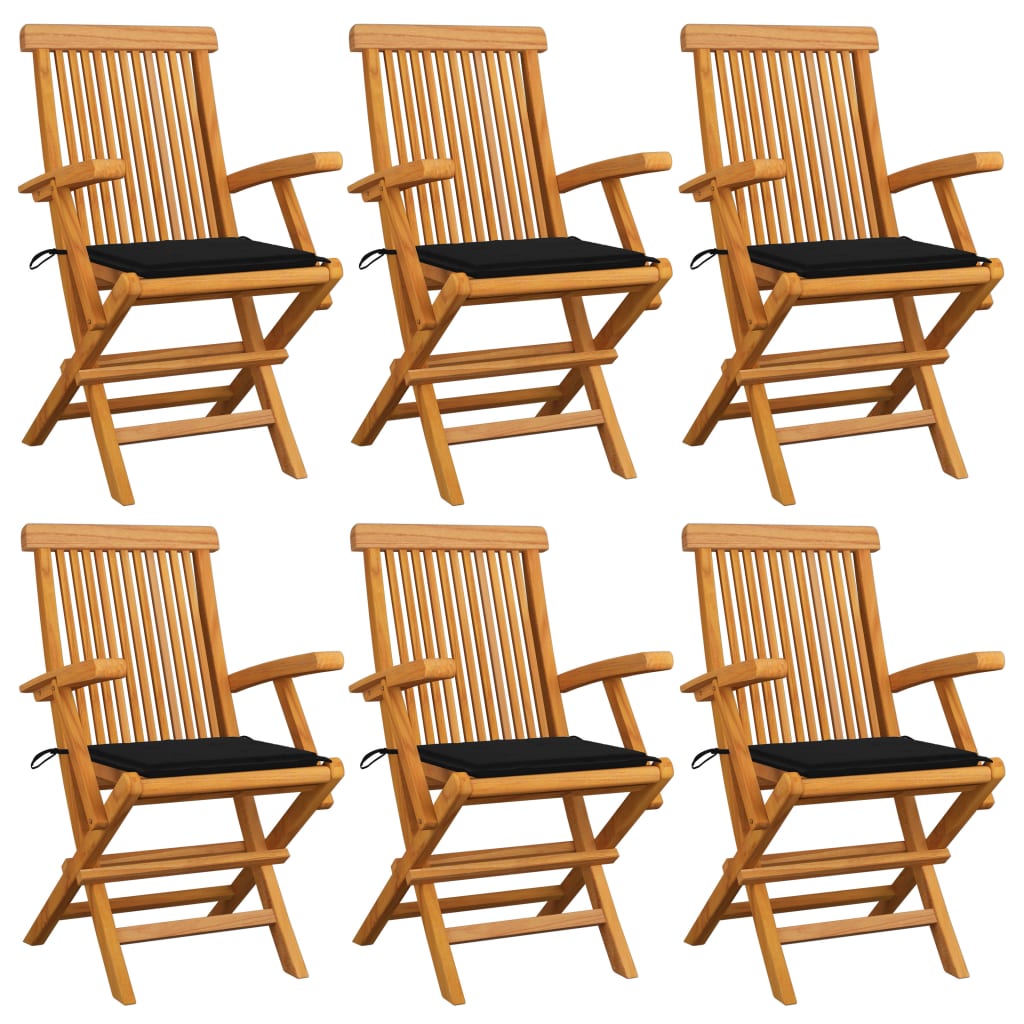 Set de 6 scaune de exterior, cu brate si perne sezut, vidaXL, Lemn de tec/Poliester, 55 x 60 x 89 cm, 4 cm, Maro/Negru