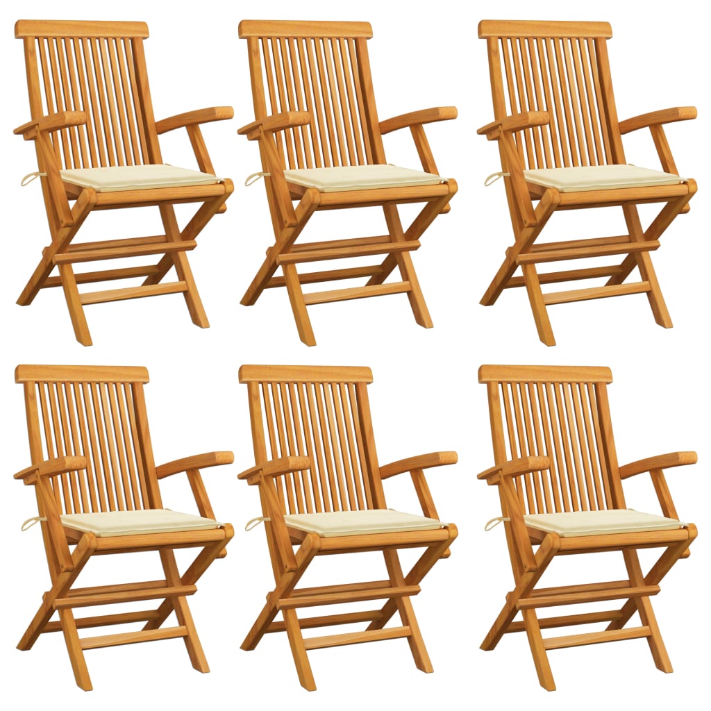 Set de 6 scaune de exterior, cu brate si perne sezut, vidaXL, Lemn de tec/Poliester, 55 x 60 x 89 cm, 4 cm, Maro/Crem