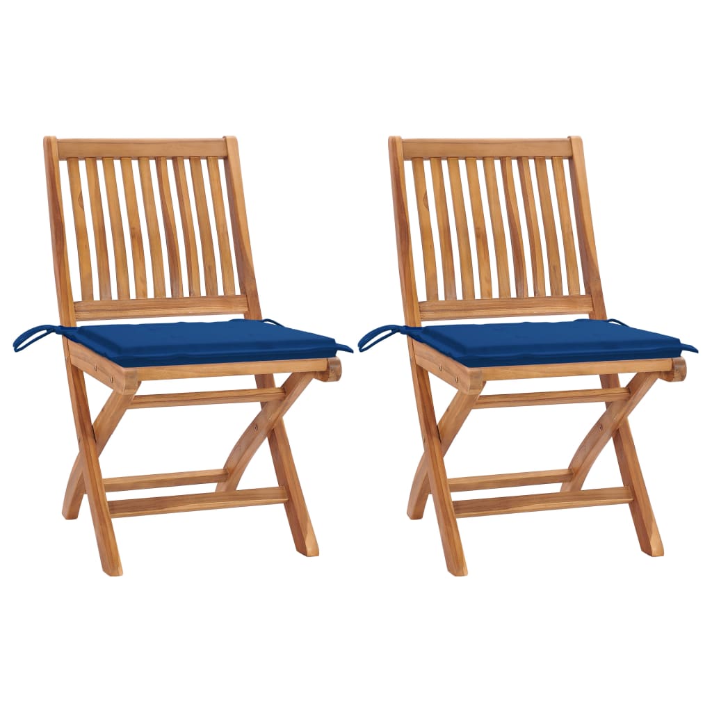Set de 2 scaune pliabile de exterior, vidaXL, Lemn de tec/Poliester, 46,5 x 58 x 88 cm, 4 cm, Maro/Albastru regal
