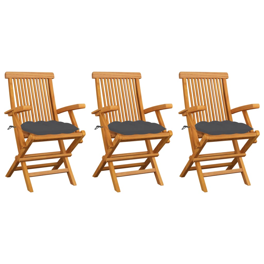 Set de 3 scaune de exterior, cu brate si perne sezut, vidaXL, Lemn de tec/Poliester, 55 x 60 x 89 cm, Maro/Gri antracit