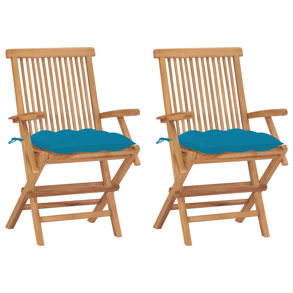 Set de 2 scaune de exterior, cu brate si perne sezut, vidaXL, Lemn de tec/Poliester, 55 x 60 x 89 cm, Maro/Albastru deschis