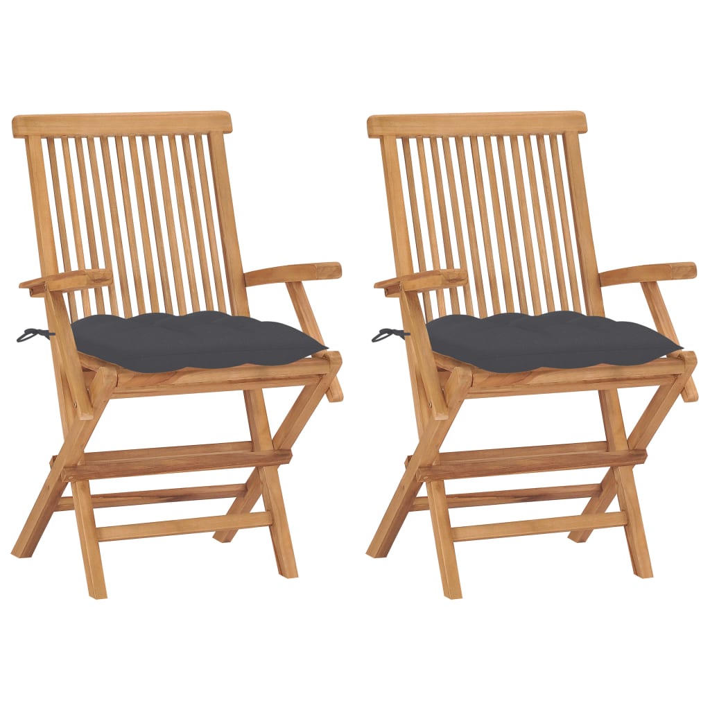 Set de 2 scaune de exterior, cu brate si perne sezut, vidaXL, Lemn de tec/Poliester, 55 x 60 x 89 cm, Maro/Gri antracit