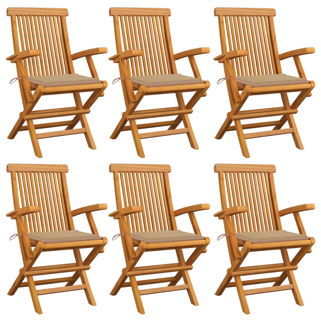 Set de 6 scaune de exterior, cu brate si perne sezut, vidaXL, Lemn de tec/Poliester, 55 x 60 x 89 cm, 4 cm, Maro/Bej