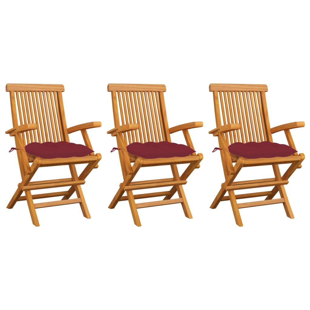 Set de 3 scaune de exterior, cu brate si perne sezut, vidaXL, Lemn de tec/Poliester, 55 x 60 x 89 cm, Maro/Grena