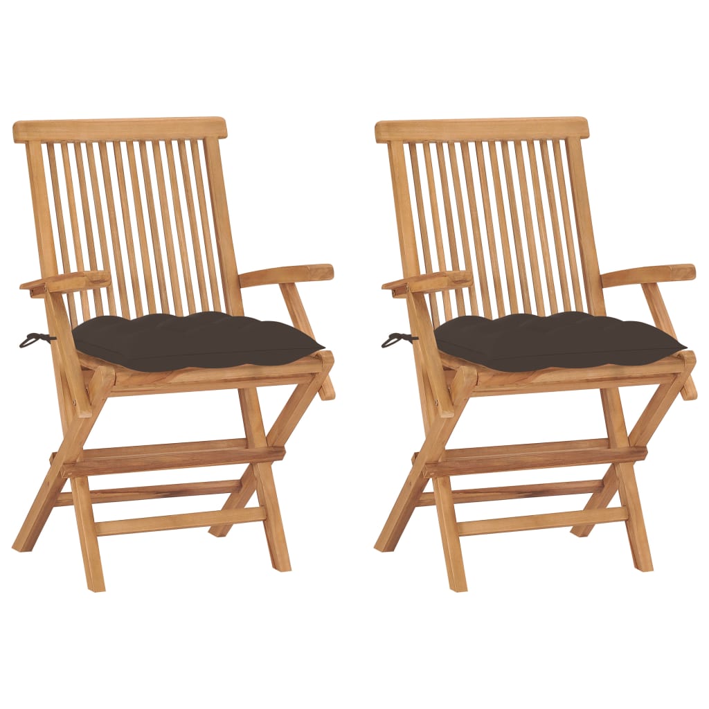 Set de 2 scaune de exterior, cu brate si perne sezut, vidaXL, Lemn de tec/Poliester, 55 x 60 x 89 cm, Maro/Gri taupe