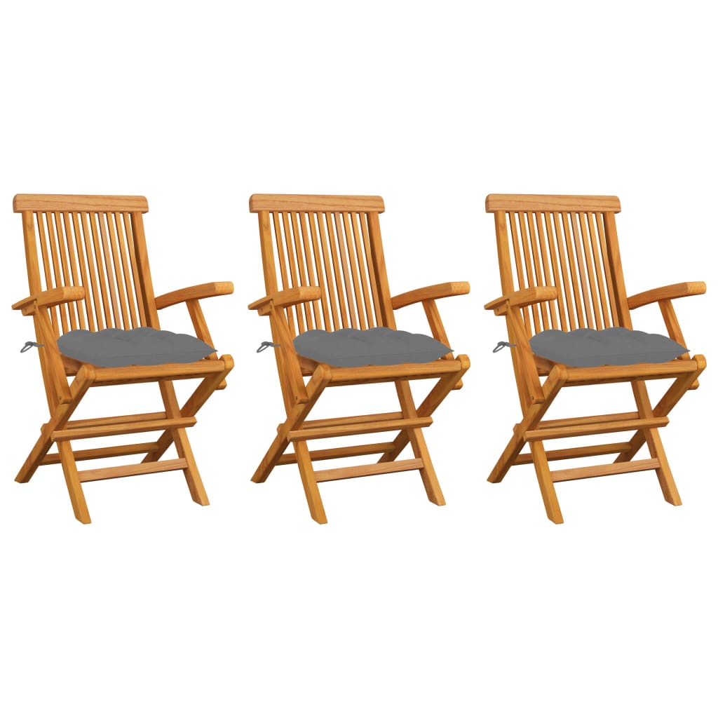 Set de 3 scaune de exterior, cu brate si perne sezut, vidaXL, Lemn de tec/Poliester, 55 x 60 x 89 cm, Maro/Gri deschis