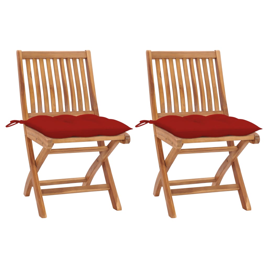 Set de 2 scaune de exterior, vidaXL, Lemn de tec/Poliester, 47 x 60 x 89 cm, Maro/Rosu