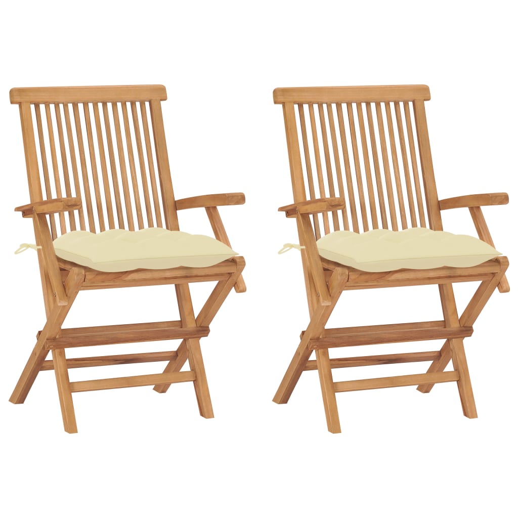 Set de 2 scaune de exterior, cu brate si perne sezut, vidaXL, Lemn de tec/Poliester, 55 x 60 x 89 cm, Maro/Crem
