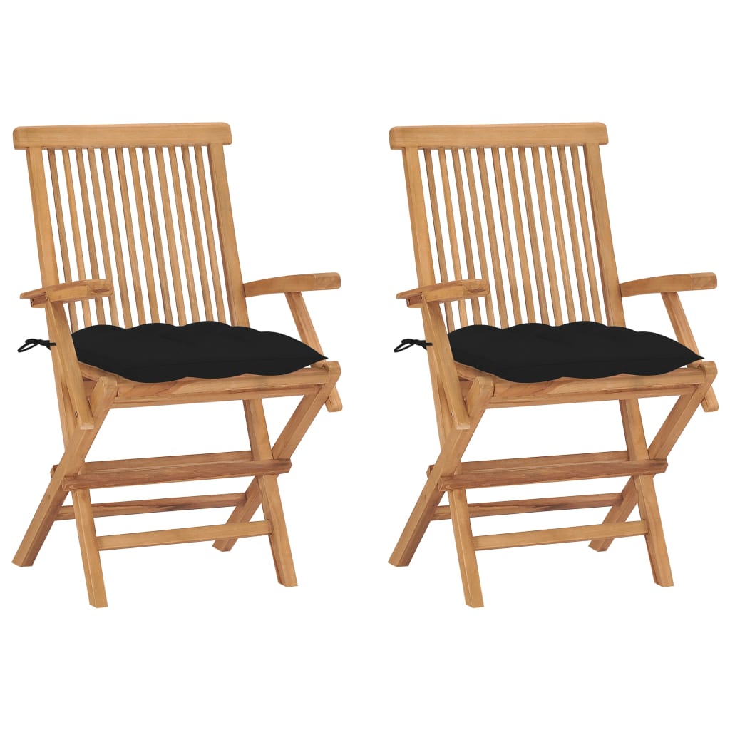 Set de 2 scaune de exterior, cu brate si perne sezut, vidaXL, Lemn de tec/Poliester, 55 x 60 x 89 cm, Maro/Negru