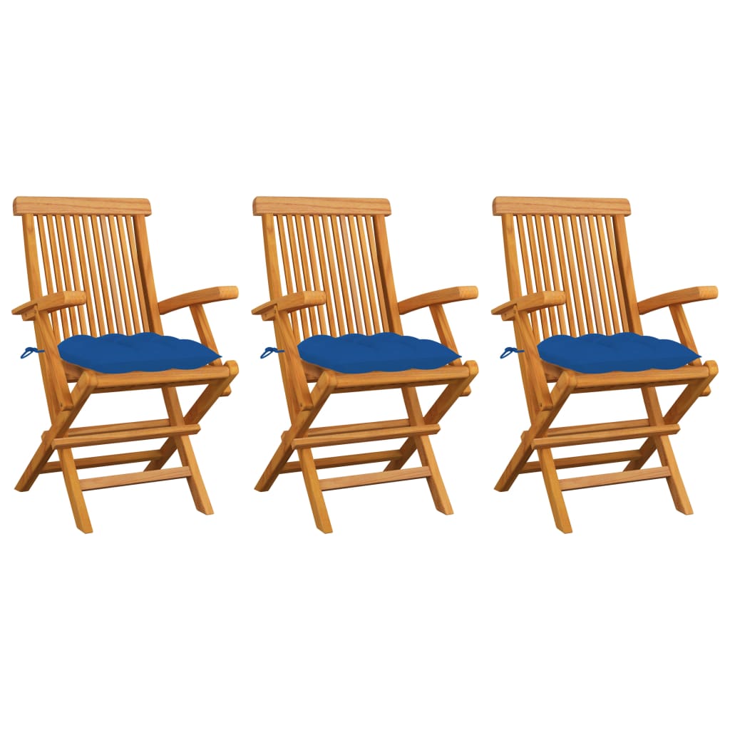 Set de 3 scaune de exterior, cu brate si perne sezut, vidaXL, Lemn de tec/Poliester, 55 x 60 x 89 cm, Maro/Albastru regal