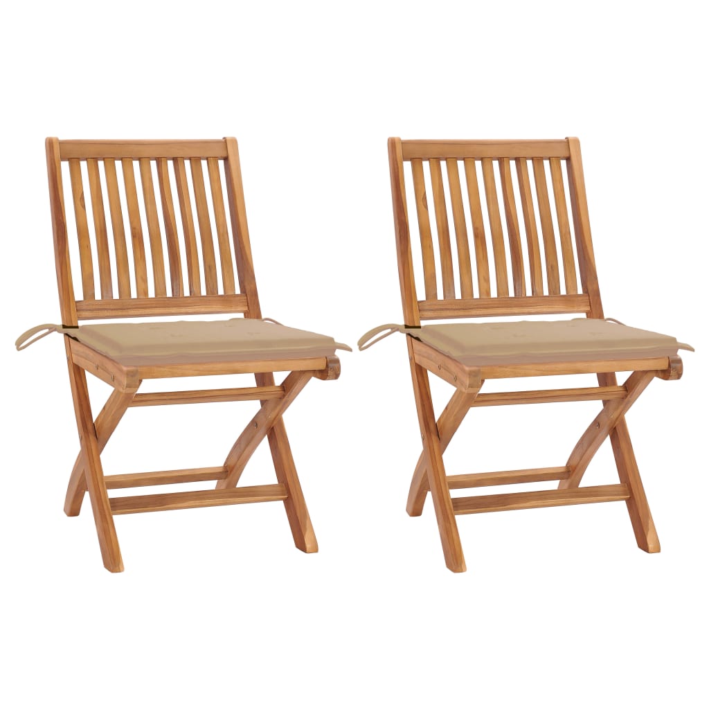 Set de 2 scaune pliabile de exterior, vidaXL, Lemn de tec/Poliester, 46,5 x 58 x 88 cm, 4 cm, Maro/Bej