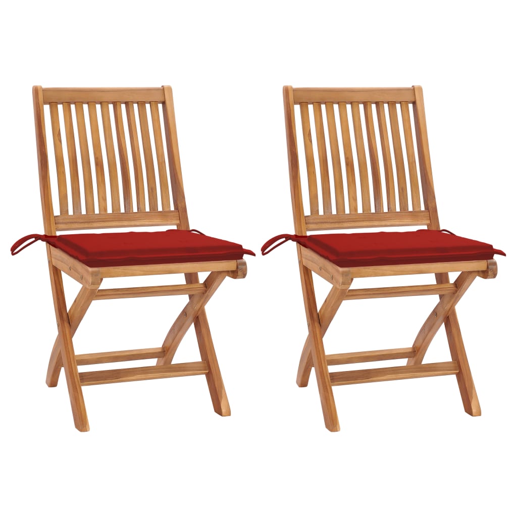 Set de 2 scaune pliabile de exterior, vidaXL, Lemn de tec/Poliester, 46,5 x 58 x 88 cm, 4 cm, Maro/Rosu