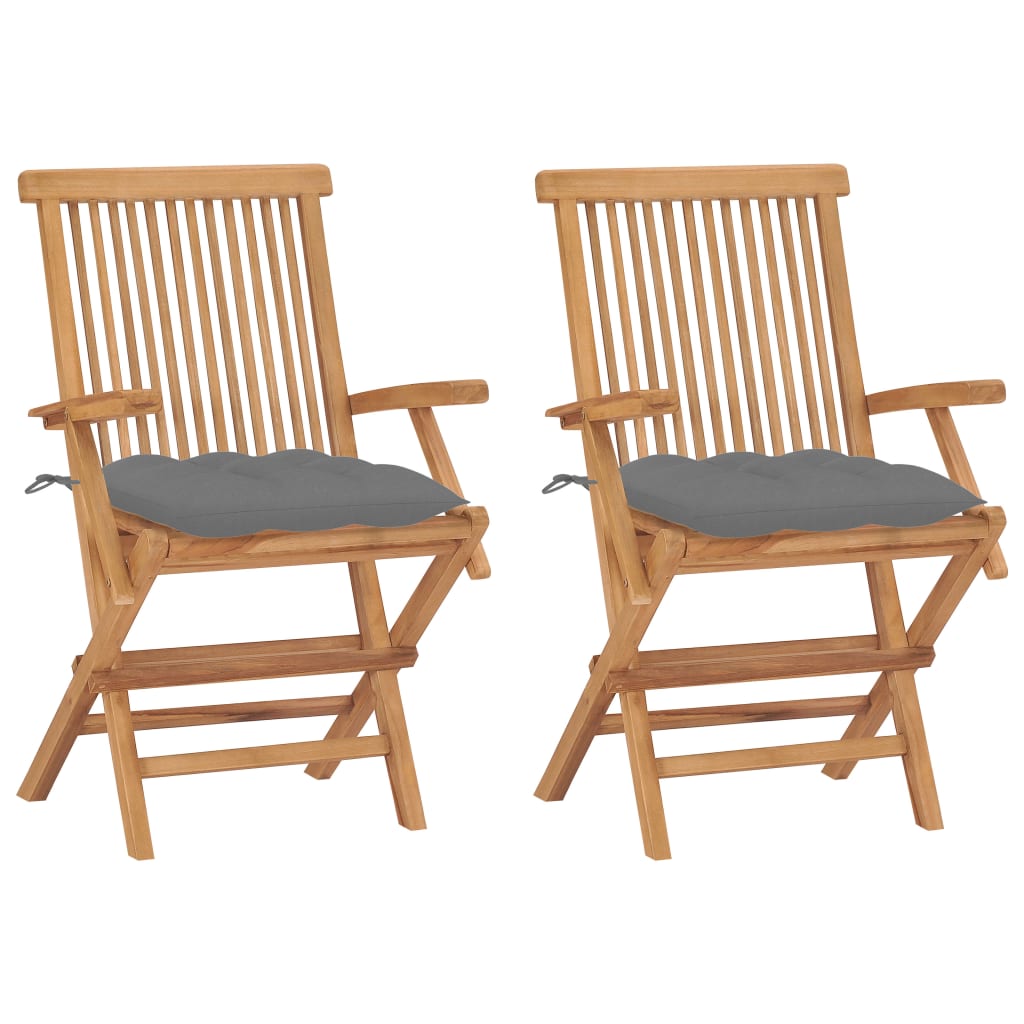 Set de 2 scaune de exterior, cu brate si perne sezut, vidaXL, Lemn de tec/Poliester, 55 x 60 x 89 cm, Maro/Gri