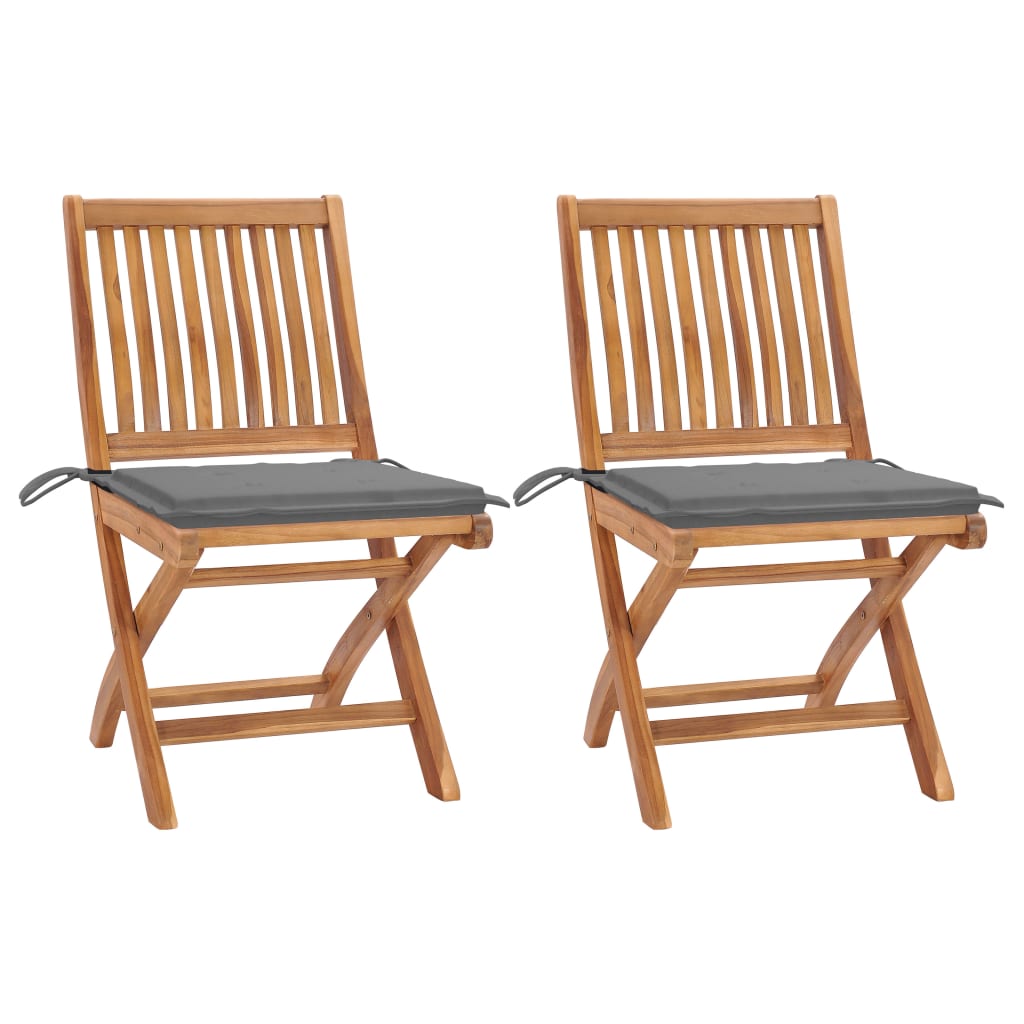 Set de 2 scaune pliabile de exterior, vidaXL, Lemn de tec/Poliester, 46,5 x 58 x 88 cm, 4 cm, Maro/Gri
