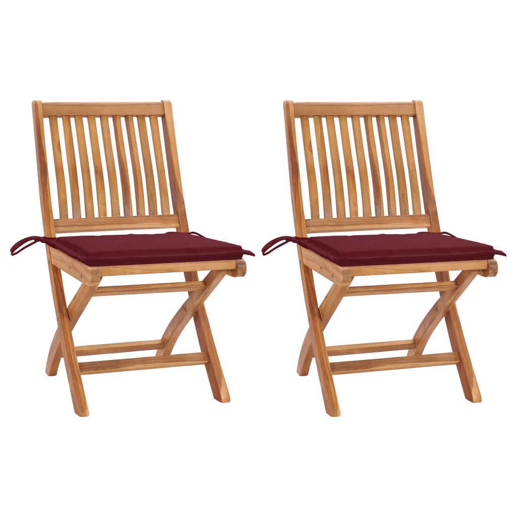 Set de 2 scaune pliabile de exterior, vidaXL, Lemn de tec/Poliester, 46,5 x 58 x 88 cm, 4 cm, Maro/Grena