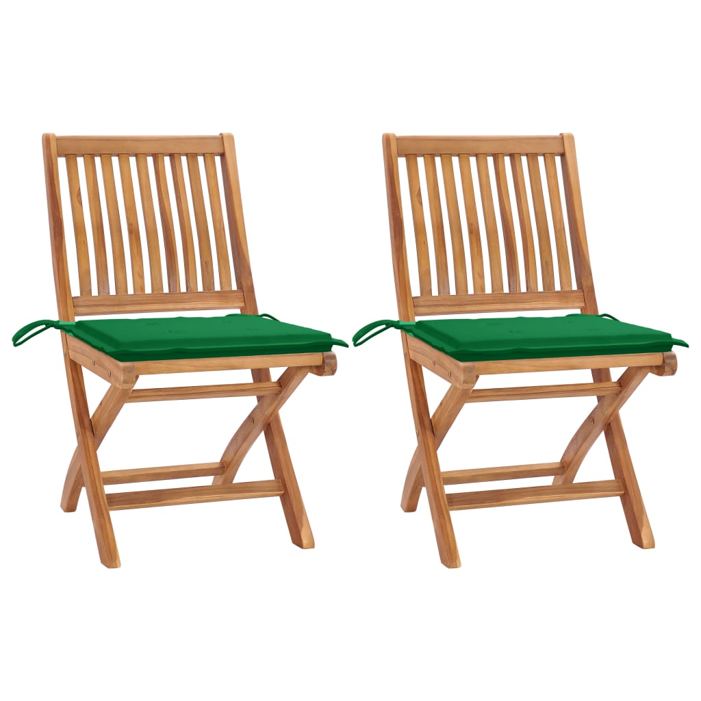 Set de 2 scaune pliabile de exterior, vidaXL, Lemn de tec/Poliester, 46,5 x 58 x 88 cm, 4 cm, Maro/Verde