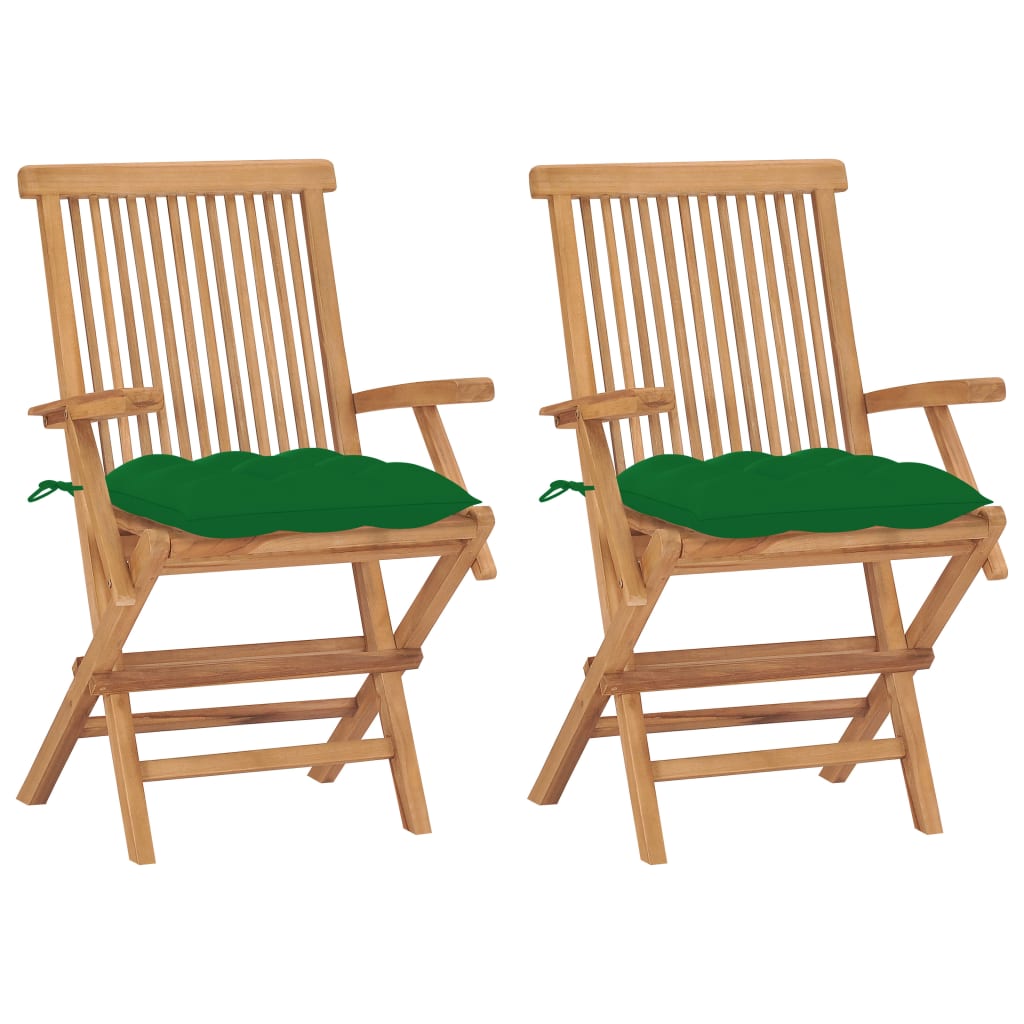 Set de 2 scaune de exterior, cu brate si perne sezut, vidaXL, Lemn de tec/Poliester, 55 x 60 x 89 cm, Maro/Verde inchis
