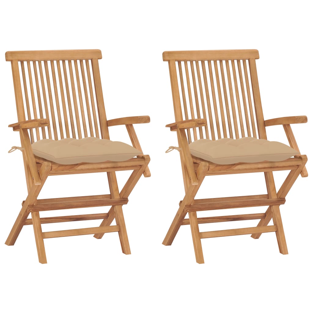 Set de 2 scaune de exterior, cu brate si perne sezut, vidaXL, Lemn de tec/Poliester, 55 x 60 x 89 cm, Maro/Bej