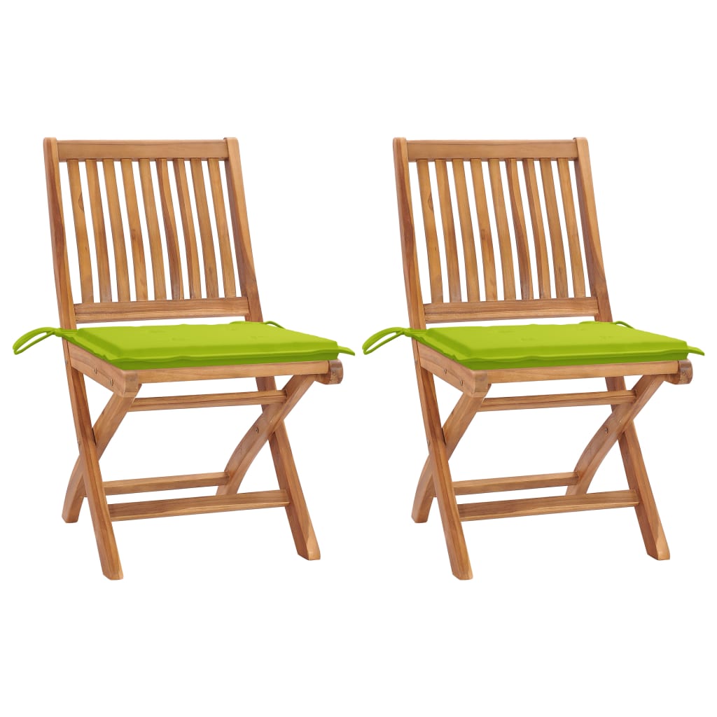 Set de 2 scaune pliabile de exterior, vidaXL, Lemn de tec/Poliester, 46,5 x 58 x 88 cm, 4 cm, Maro/Verde aprins