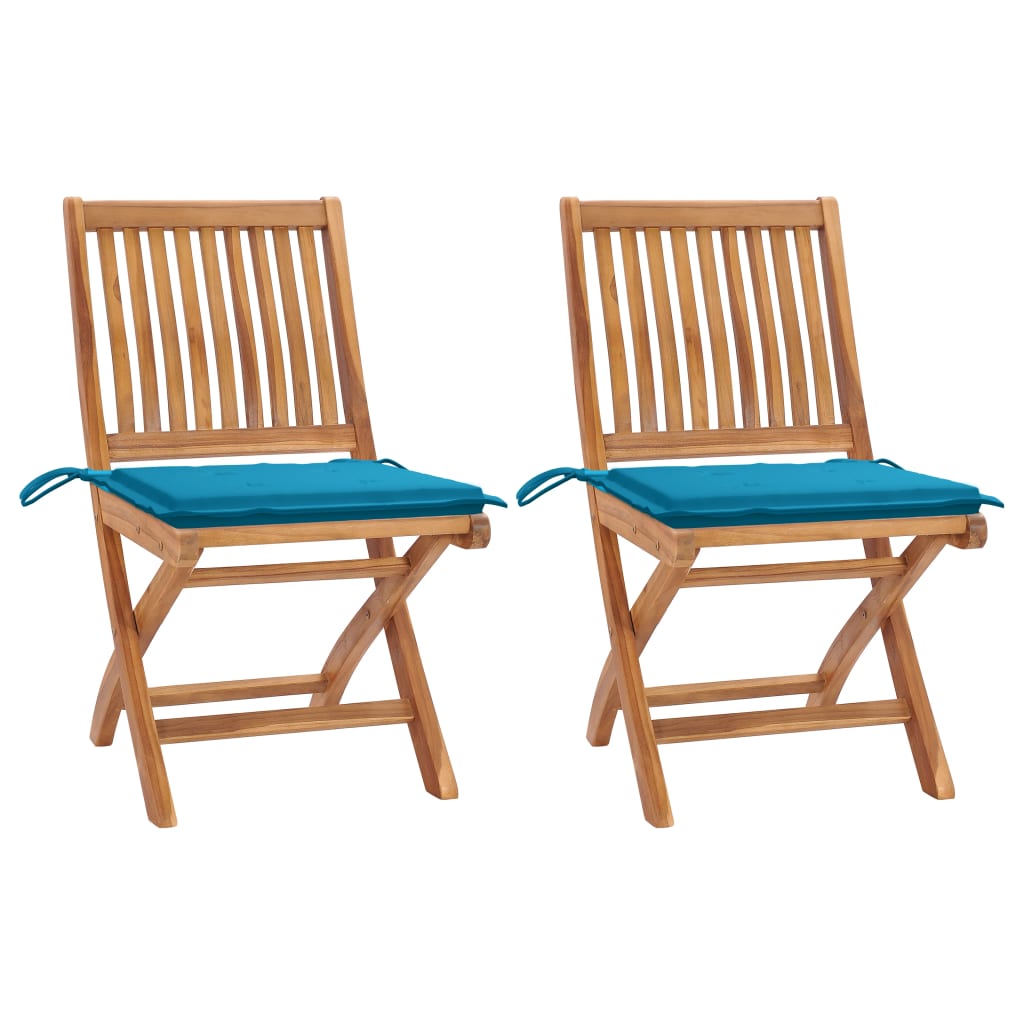 Set de 2 scaune pliabile de exterior, vidaXL, Lemn de tec/Poliester, 46,5 x 58 x 88 cm, 4 cm, Maro/Albastru