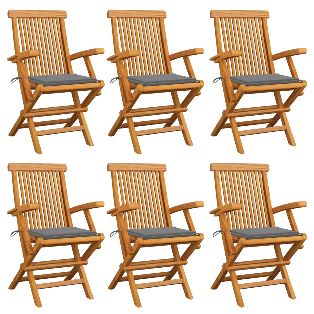 Set de 6 scaune de exterior, cu brate si perne sezut, vidaXL, Lemn de tec/Poliester, 55 x 60 x 89 cm, 4 cm, Maro/Gri