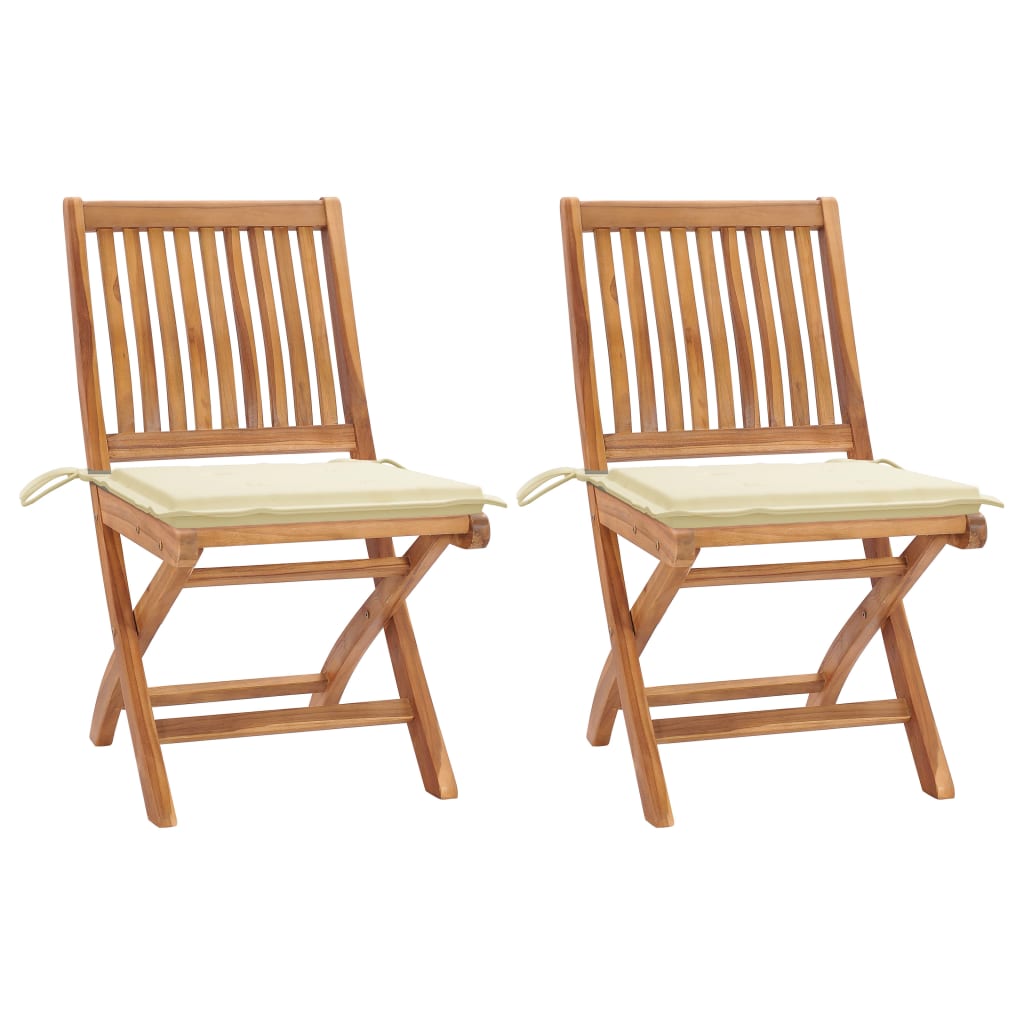 Set de 2 scaune pliabile de exterior, vidaXL, Lemn de tec/Poliester, 46,5 x 58 x 88 cm, 4 cm, Maro/Crem