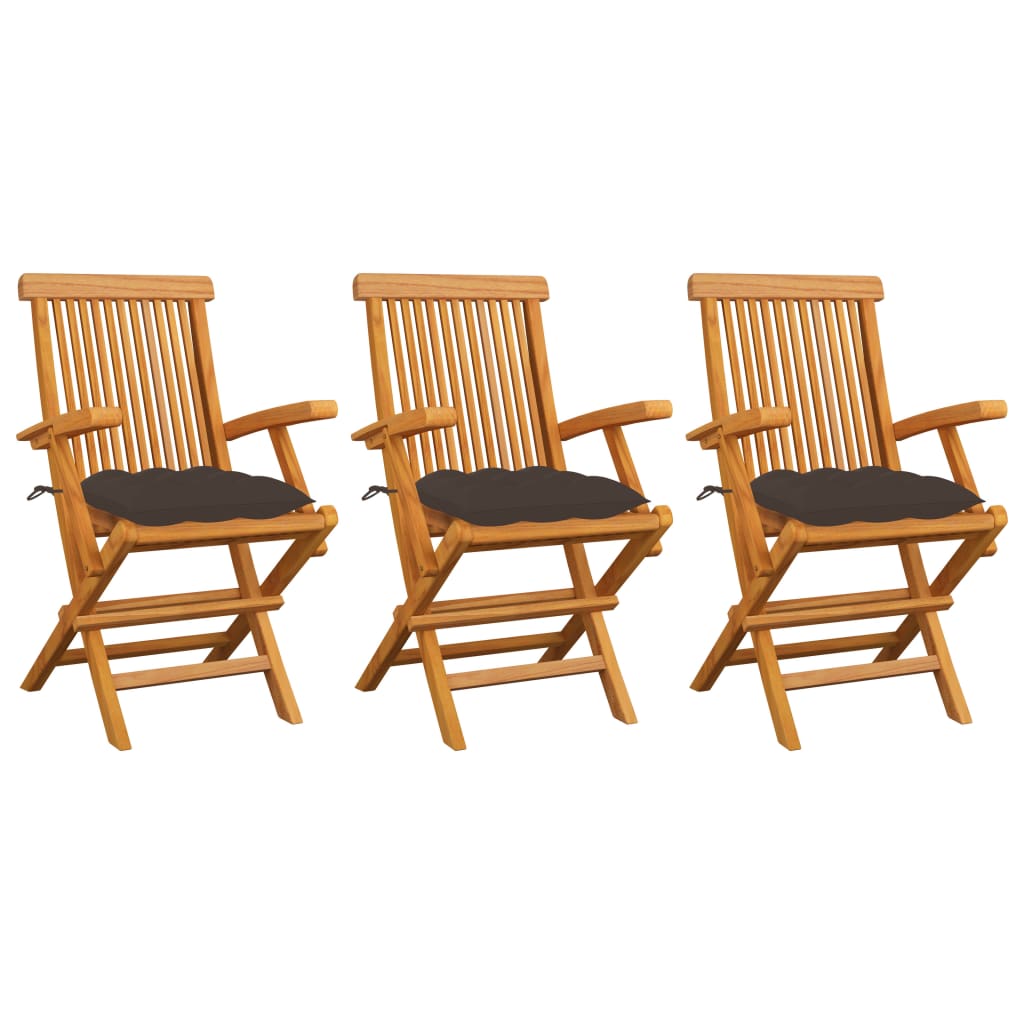 Set de 3 scaune de exterior, cu brate si perne sezut, vidaXL, Lemn de tec/Poliester, 55 x 60 x 89 cm, Maro/Gri taupe