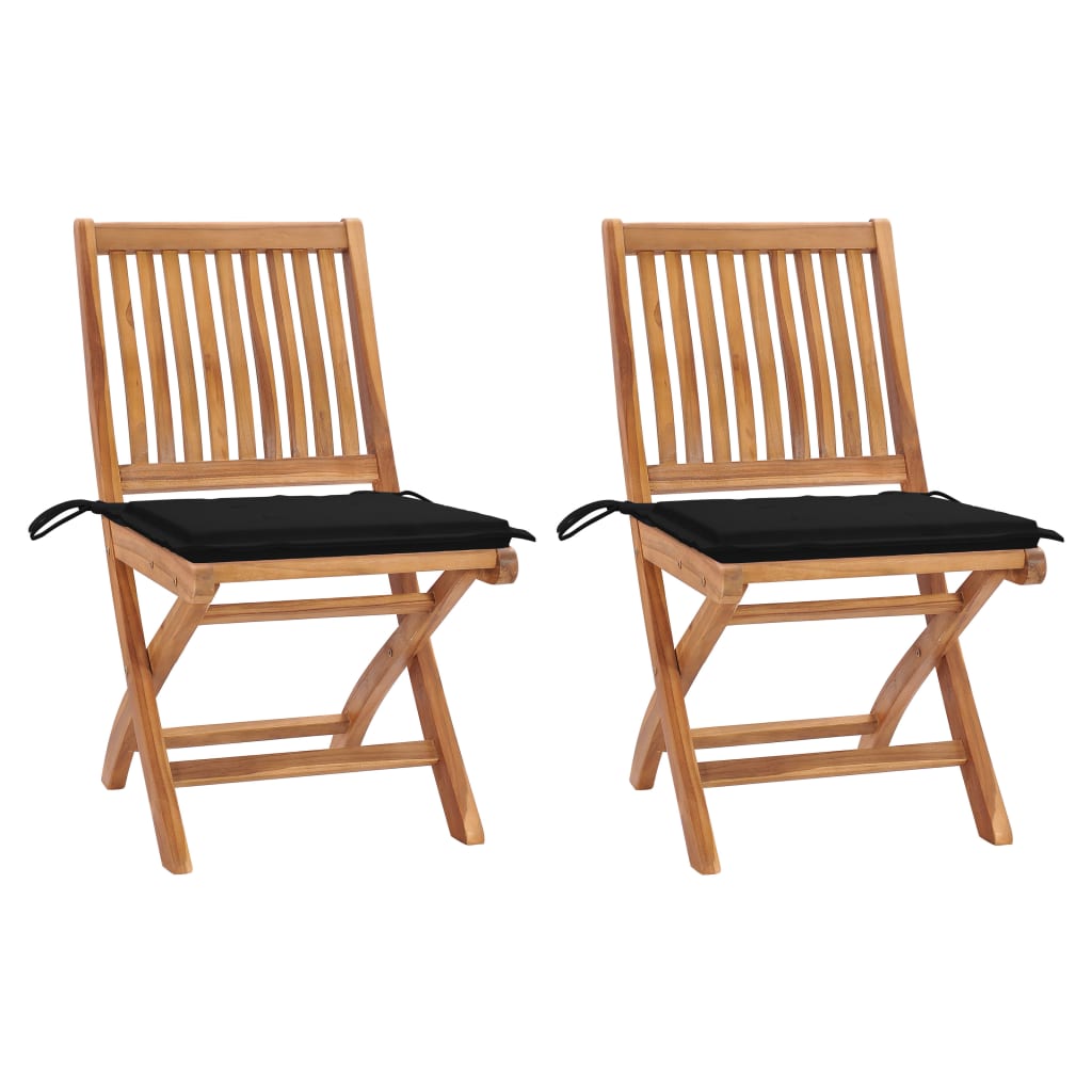 Set de 2 scaune pliabile de exterior, vidaXL, Lemn de tec/Poliester, 46,5 x 58 x 88 cm, 4 cm, Maro/Negru