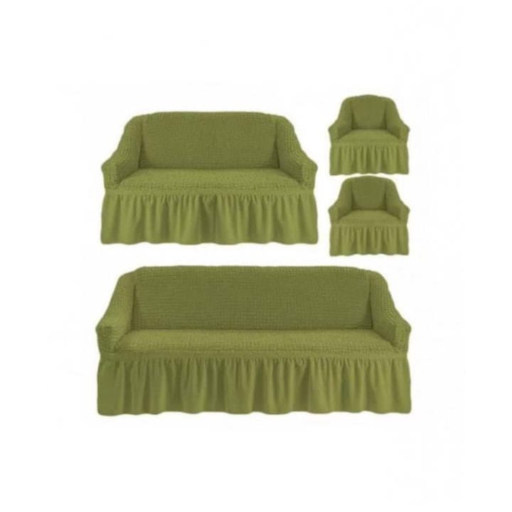 Rugalmas és krepp huzat fodros, 3 személyes kanapé, 2 személyes és 2 fotel, zöld