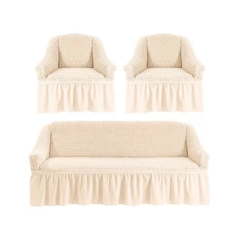 Huse Elastice si Creponate cu Volan, Canapea 3 Persoane si 2 Fotolii, Bej Natur