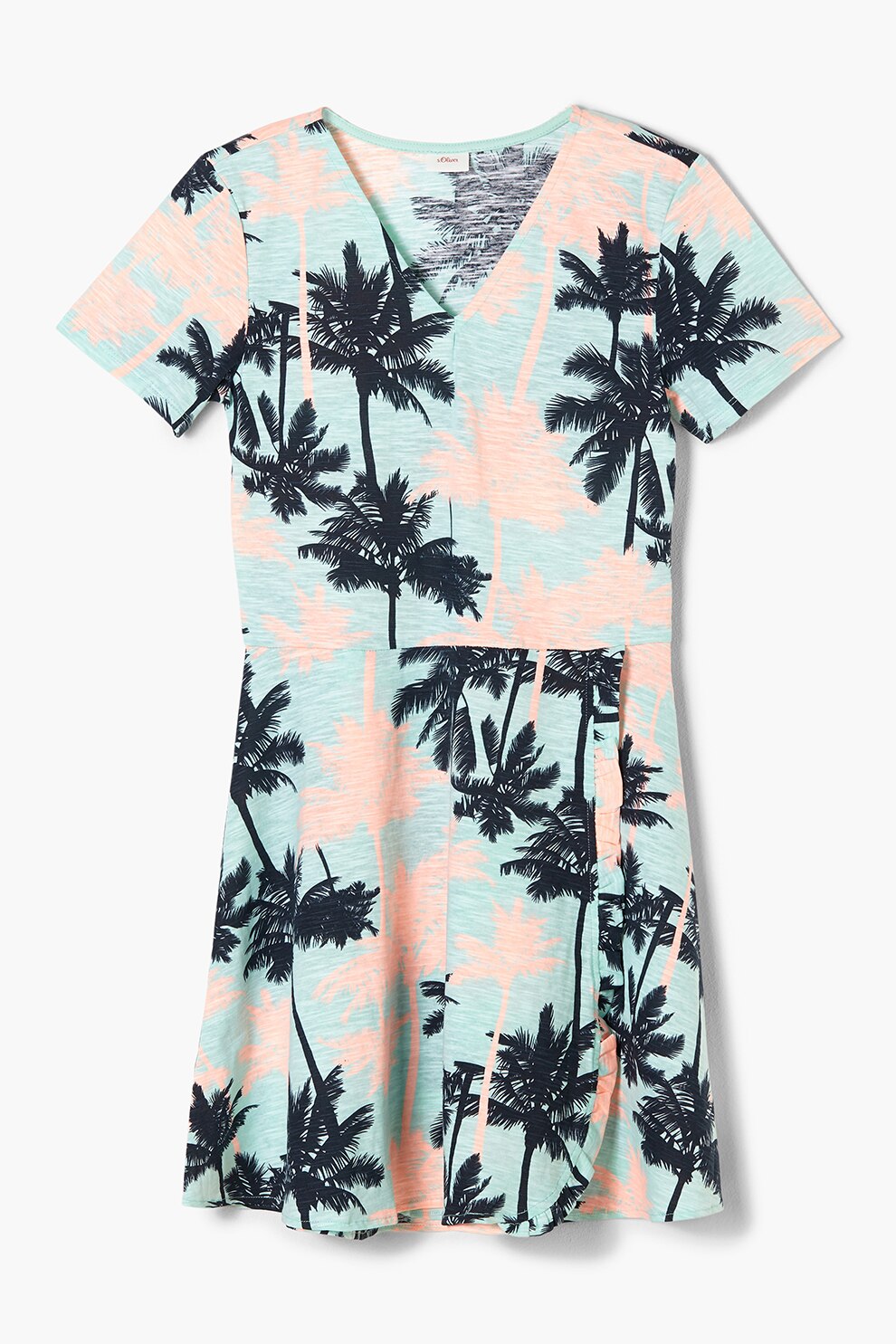 s.Oliver, Rochie din jerseu cu maneci scurte si imprimeu tropical, Gri melange/Roz pal/Bleumarin