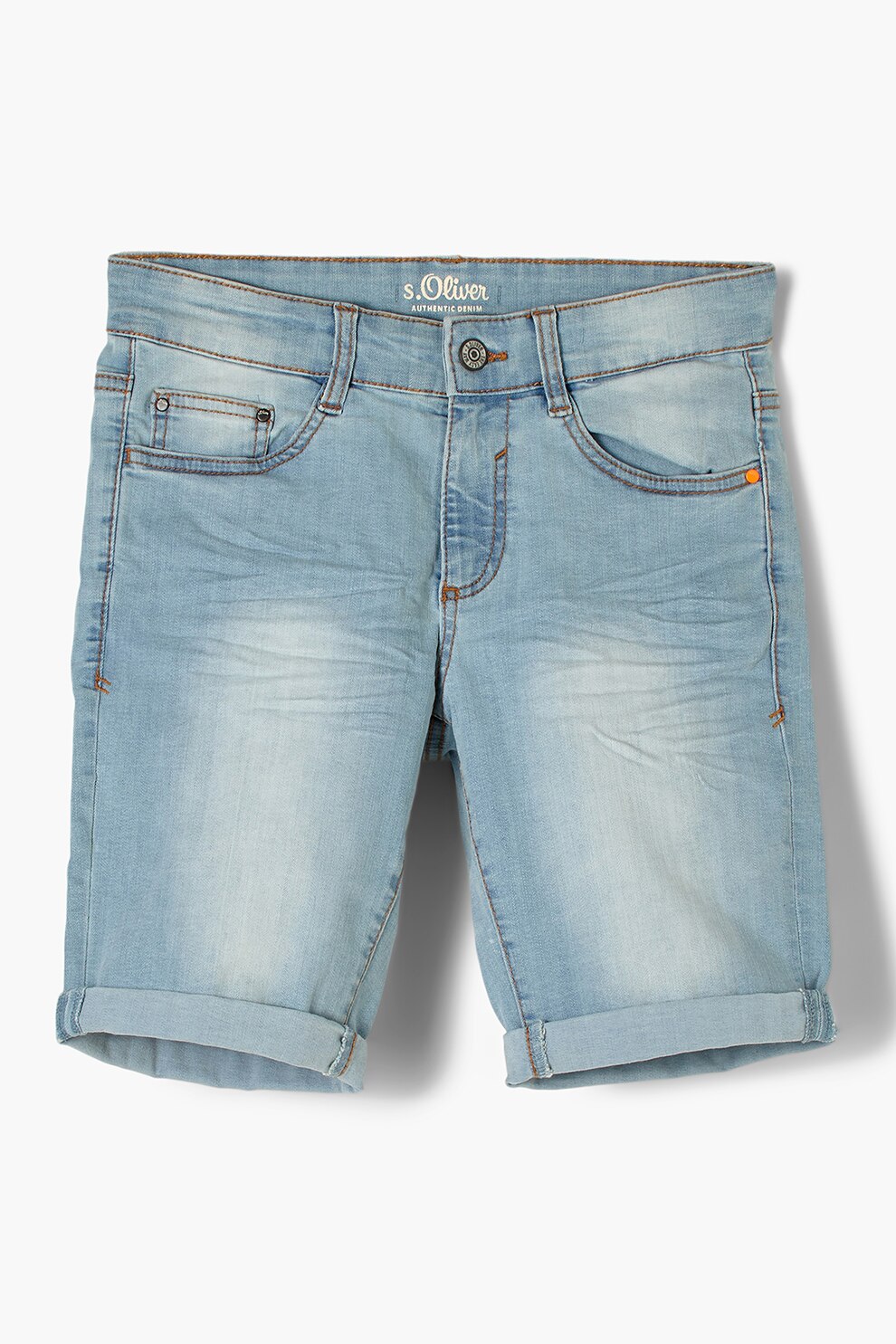s.Oliver, Bermude din denim cu aspect decolorat si terminatii rasucite, Albastru deschis