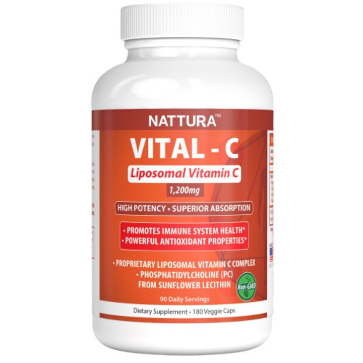 Vitamina C, NATTURA, VITAL-C, 1200 mg, Pentru sistemul imunitar, Fosfatidilcolina din lecitina de floarea soarelui, 180 capsule