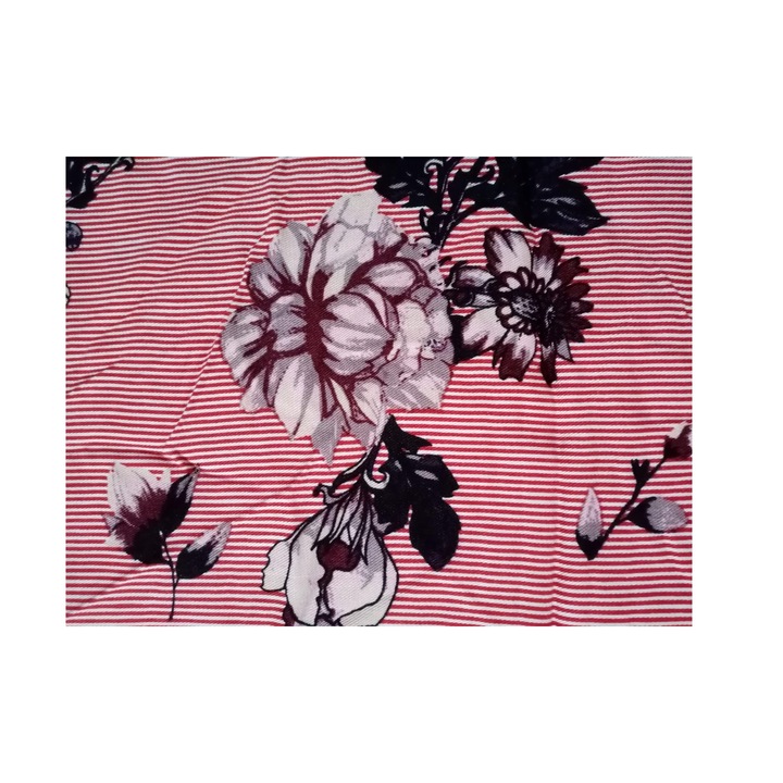 Textil anyag, nem elasztikus viszkóz, piros csíkos virágmintás, 150cm x 100cm