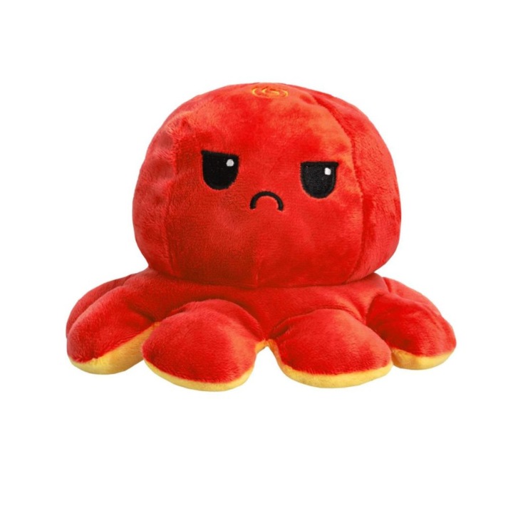 Caracatita reversibila model Mood Octopus, din plus, doua emotii, trista si vesela, 20 cm, rosu/galben + 1 an