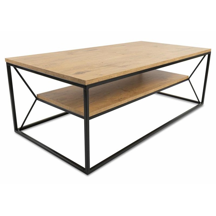 Маса за кафе, Loft, Basicloft, Минималистичен стил, Здрава рамка, MDF масив, 120x60x40 см, Кафяв/Черен/Дъб