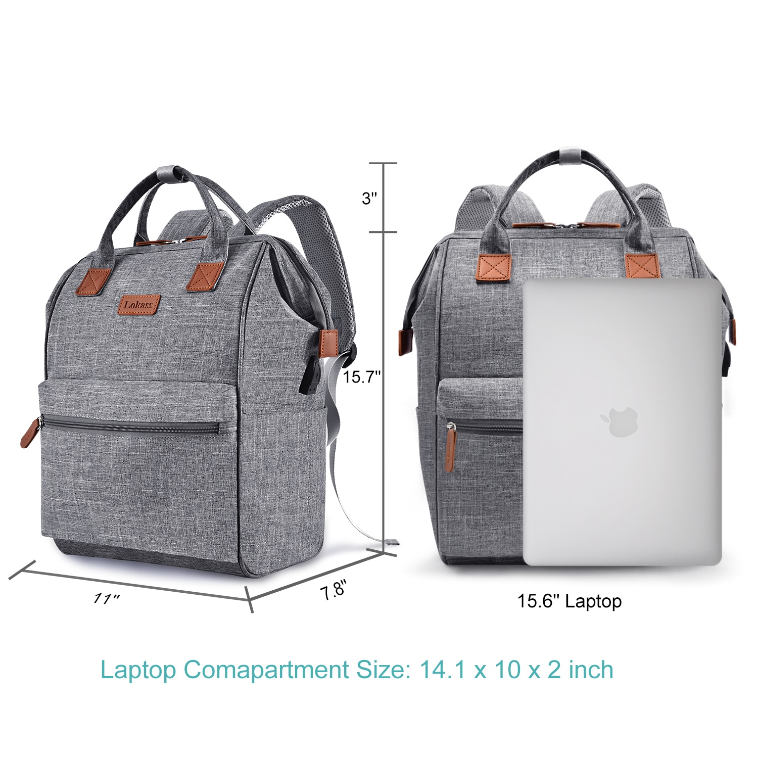 Rucsac pentru laptop LoKass, 15.6", Nylon, Rezistent la apa, Incarcare USB, Gri