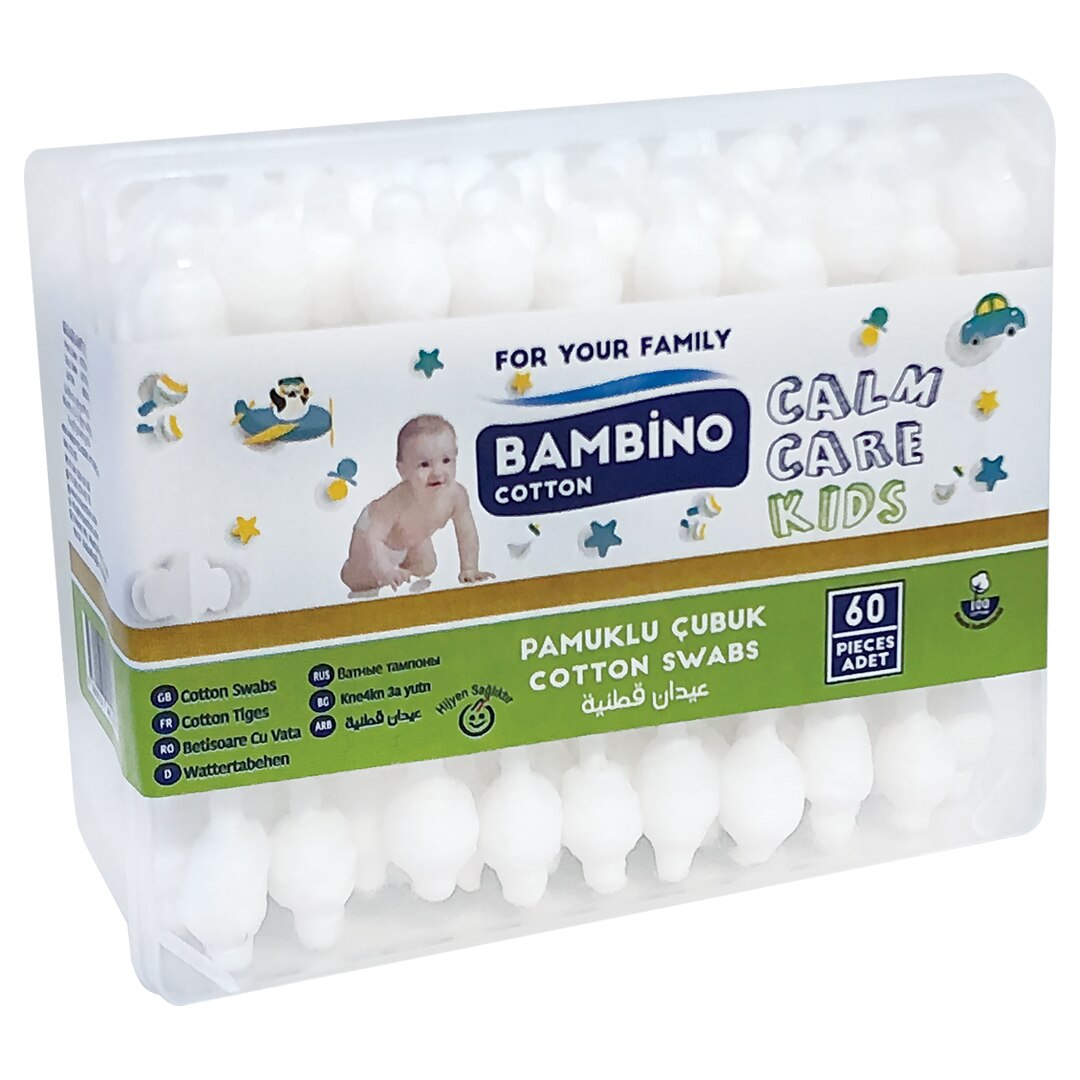 Betisoare de urechi pentru copii, cu vata din bumbac 100%, Bambino, 60 buc