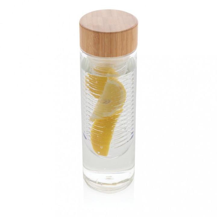 Sticla de apa cu infuzor, 640 ml, 22.7xø6.8 cm, Everestus, 20SEP0130, Tritan, Bambus, Transparent, saculet inclus