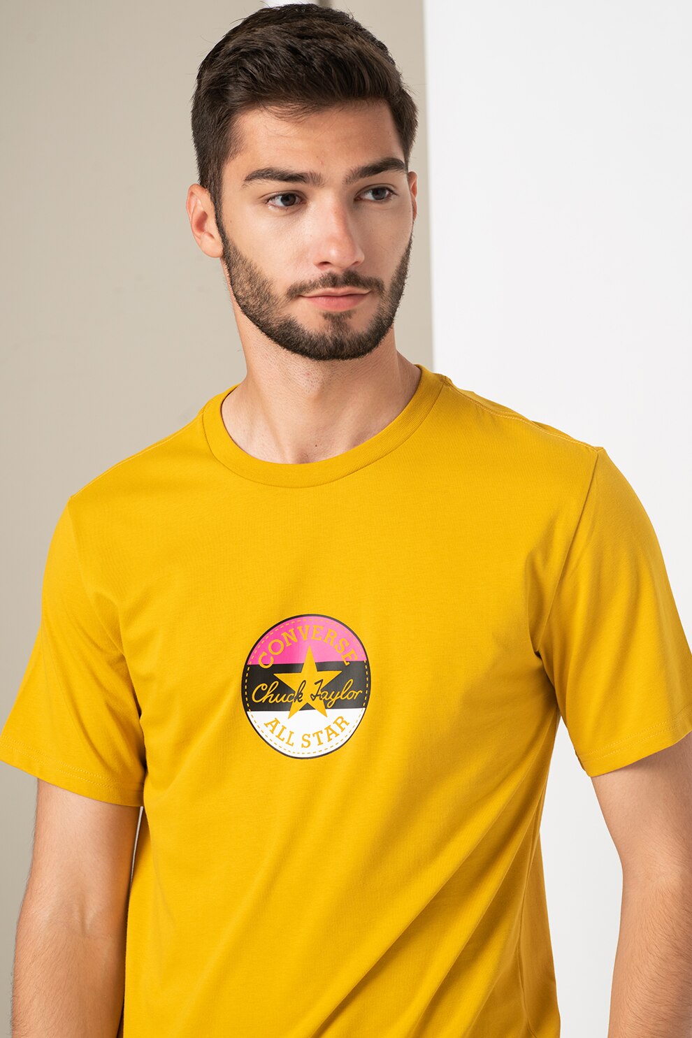 Converse, Tricou din bumbac cu decolteu la baza gatului, Galben sofran/roz/negru