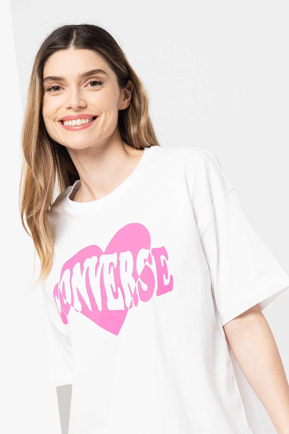 Converse, Tricou supradimensionat cu imprimeu logo Sunwashed, Alb/Roz