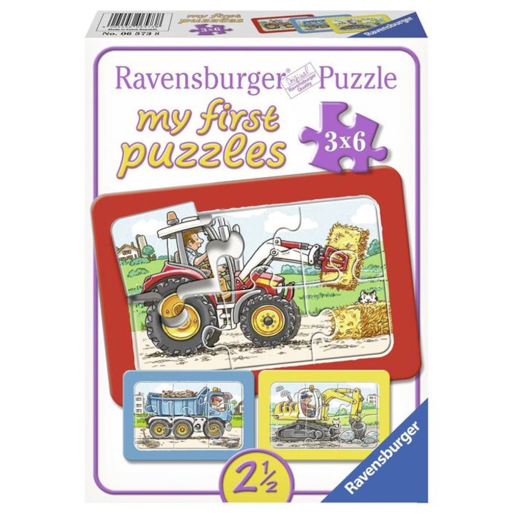 Ravensburger My First Puzzles puzzle, 3X6 db-os - Kotrógép, traktor és billenőkocsi