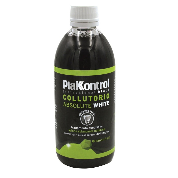 Apa de gura Plakkontrol Absolute White cu efect albire naturala Carbune activ fara Alcool 500ml