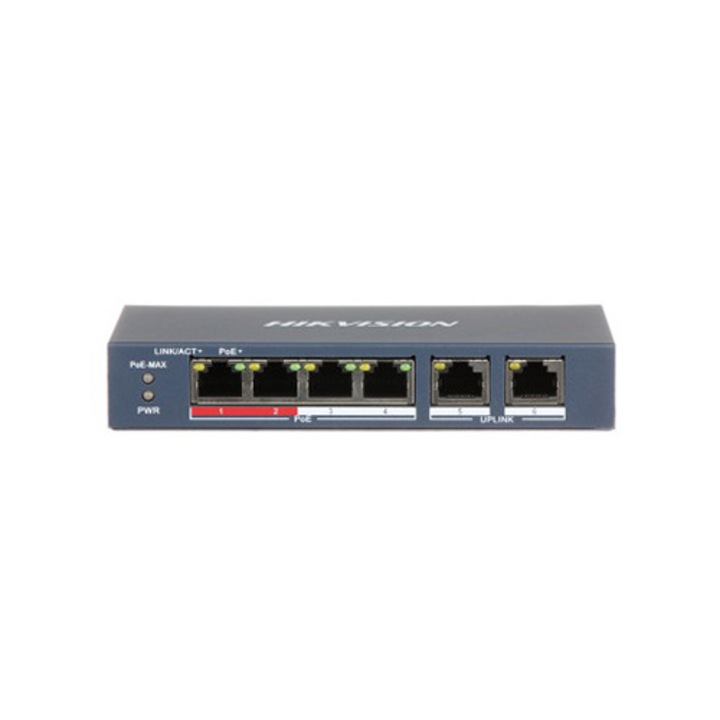 Суич с 4 PoE Hikvision DS-3E0106P-E/M, без управление, 4000 MAC, 1.6 Gbps, 300 m