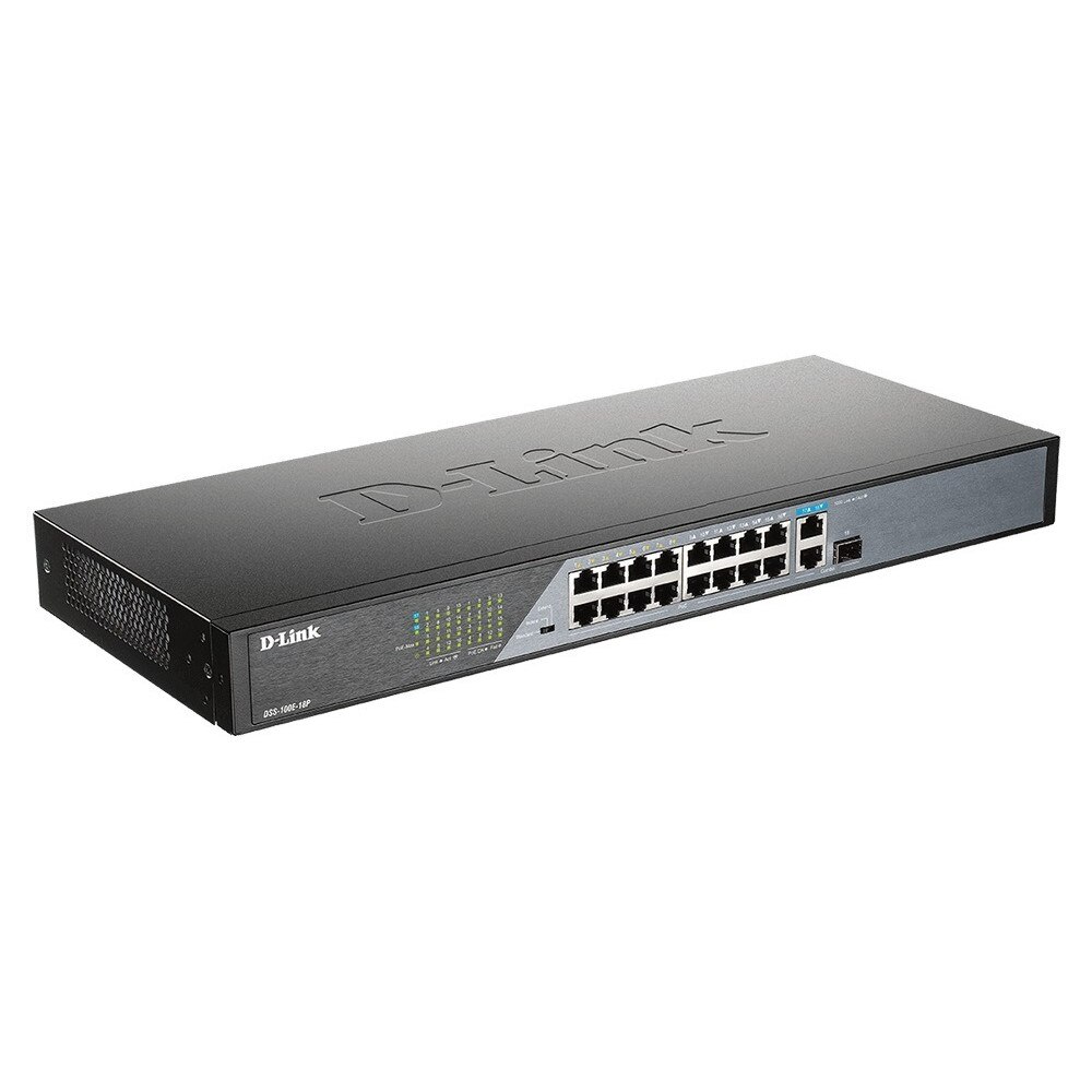 Switch PoE D-LINK Unmanaged DSS-100E-18P 16 porturi 10/100Mbps si 1 x Gigabit Uplink si 1 x SFP, 8 Poe, carcasa metalica