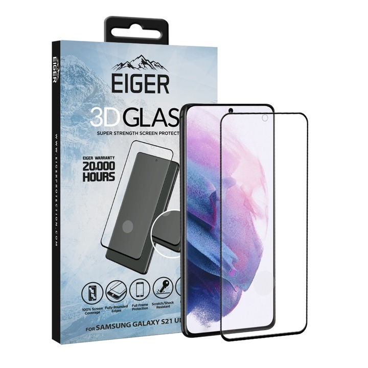 Протектор за телефон Eiger, Glass 3D, От край до край, Съвместим със Samsung Galaxy S21 Ultra, Чисто черен
